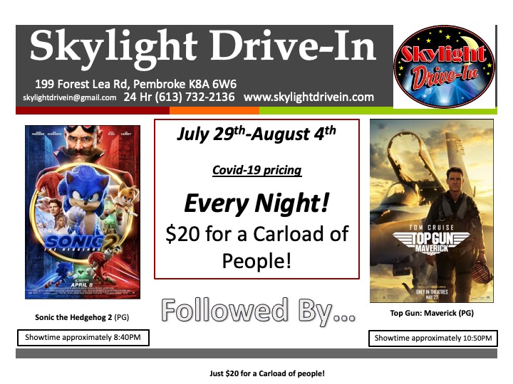 Skylight Drive-In featuring Sonic the Hedgehog 2 (PG) Followed by Top Gun: Maverick (PG) 