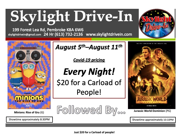 Skylight Drive-In featuring Minions: Rise of Gru (G) Followed by Jurassic World Dominion (PG) 